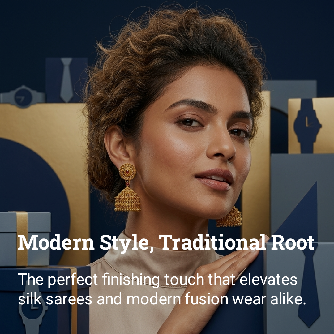 Modern style with traditional roots — model wearing gold jhumka earrings
